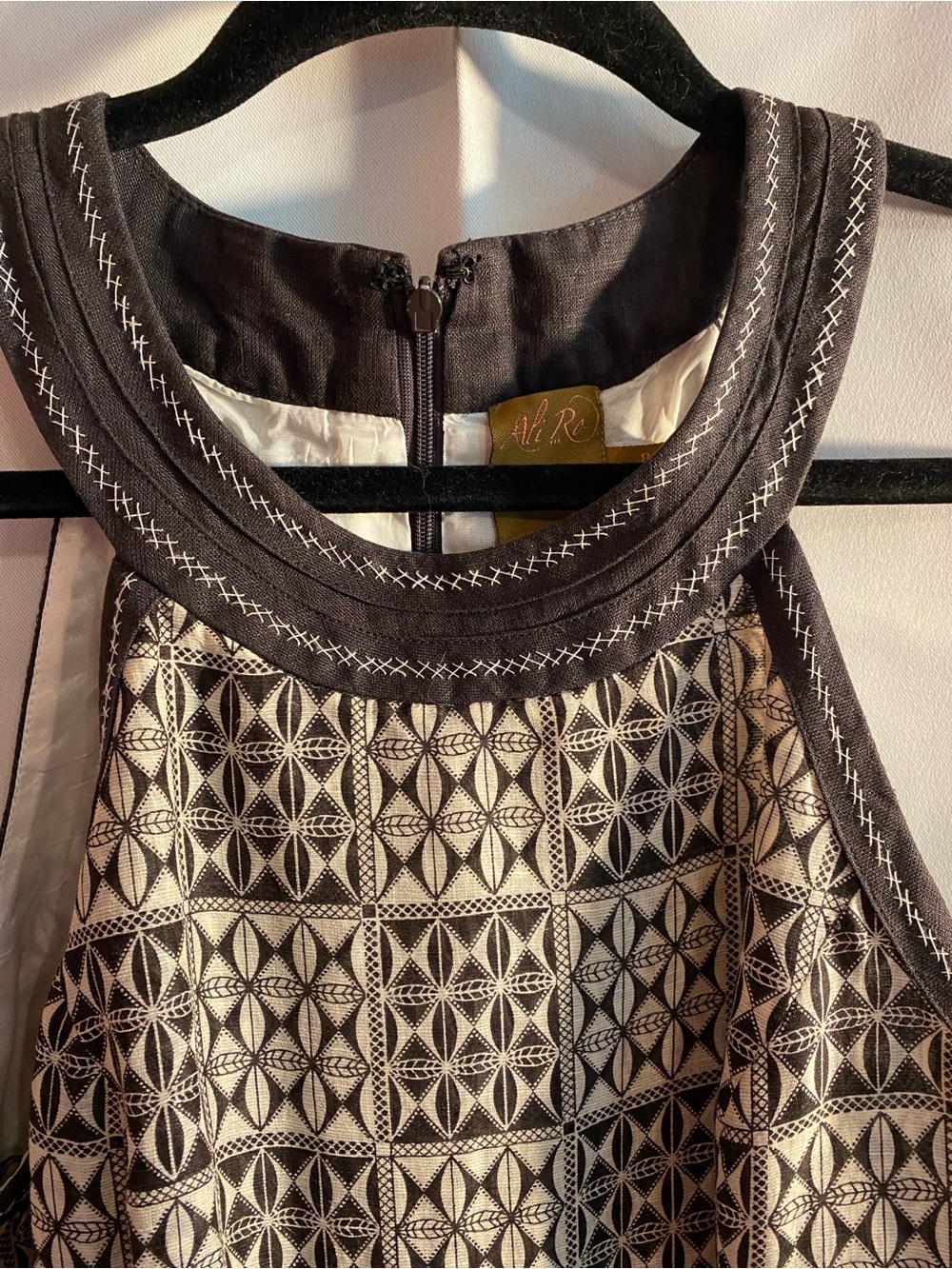 Ali Ro Black and Cream Halter Dress with Geometric Pattern